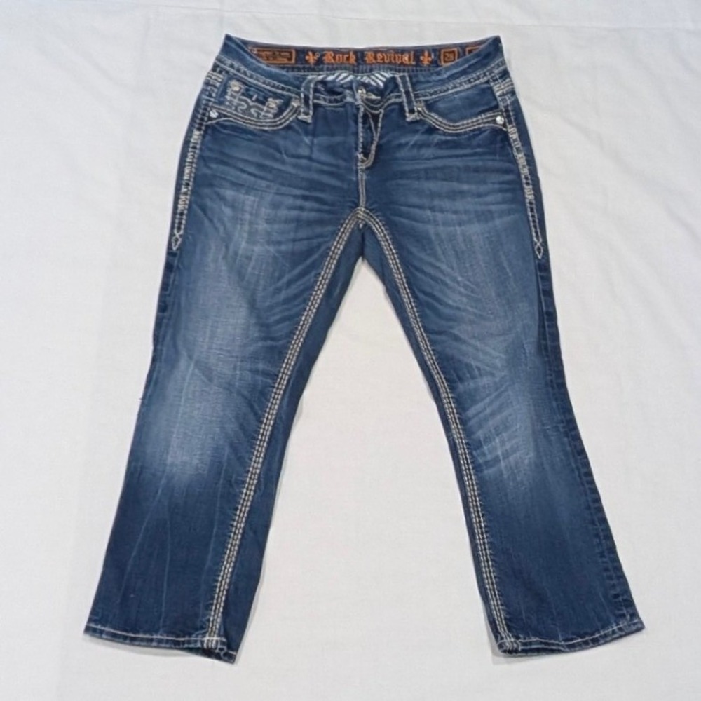 Rock Revival Vivian Easy Capri Jeans Medium Wash Embroidered Low Rise 28